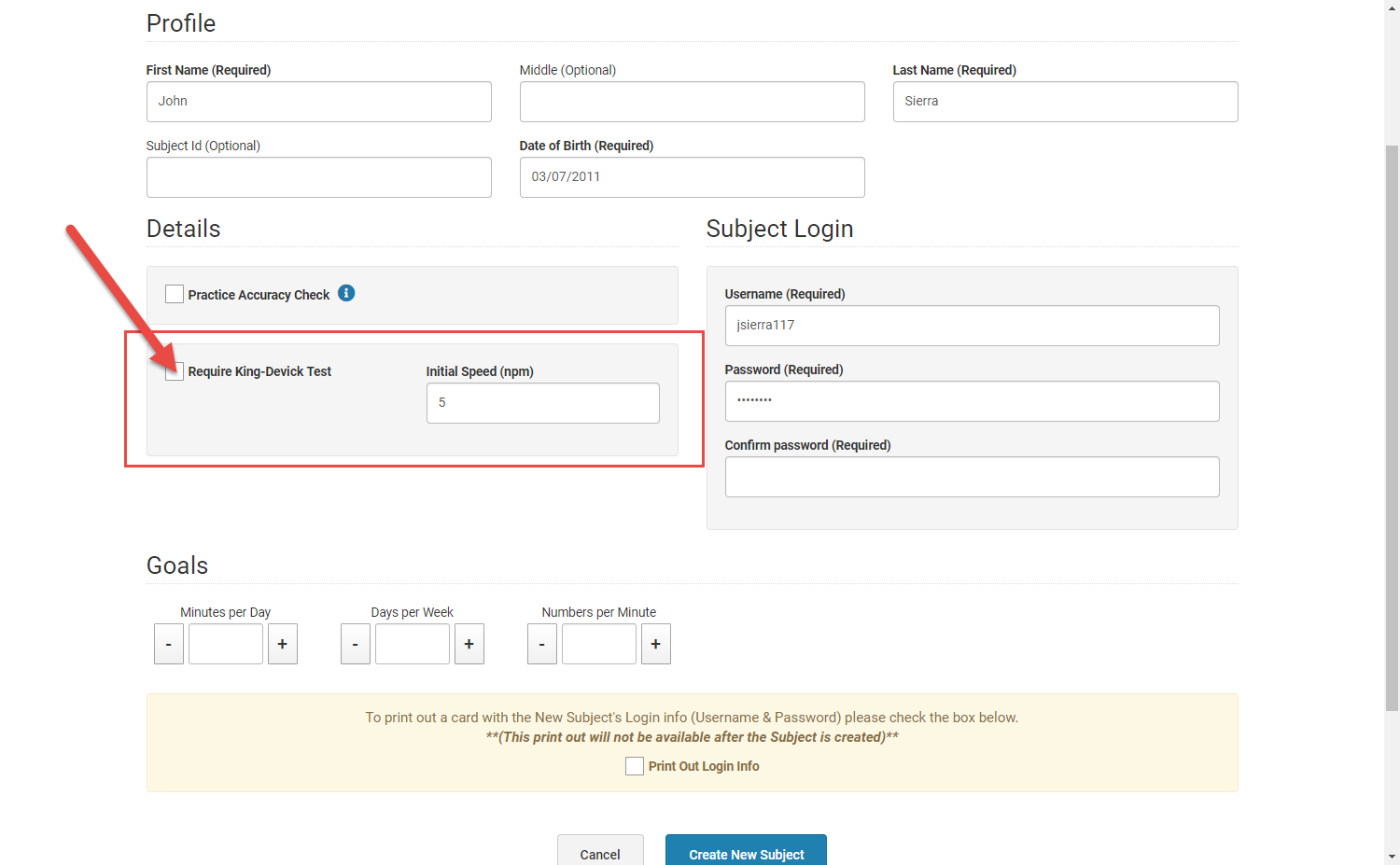 Subject Creation Page